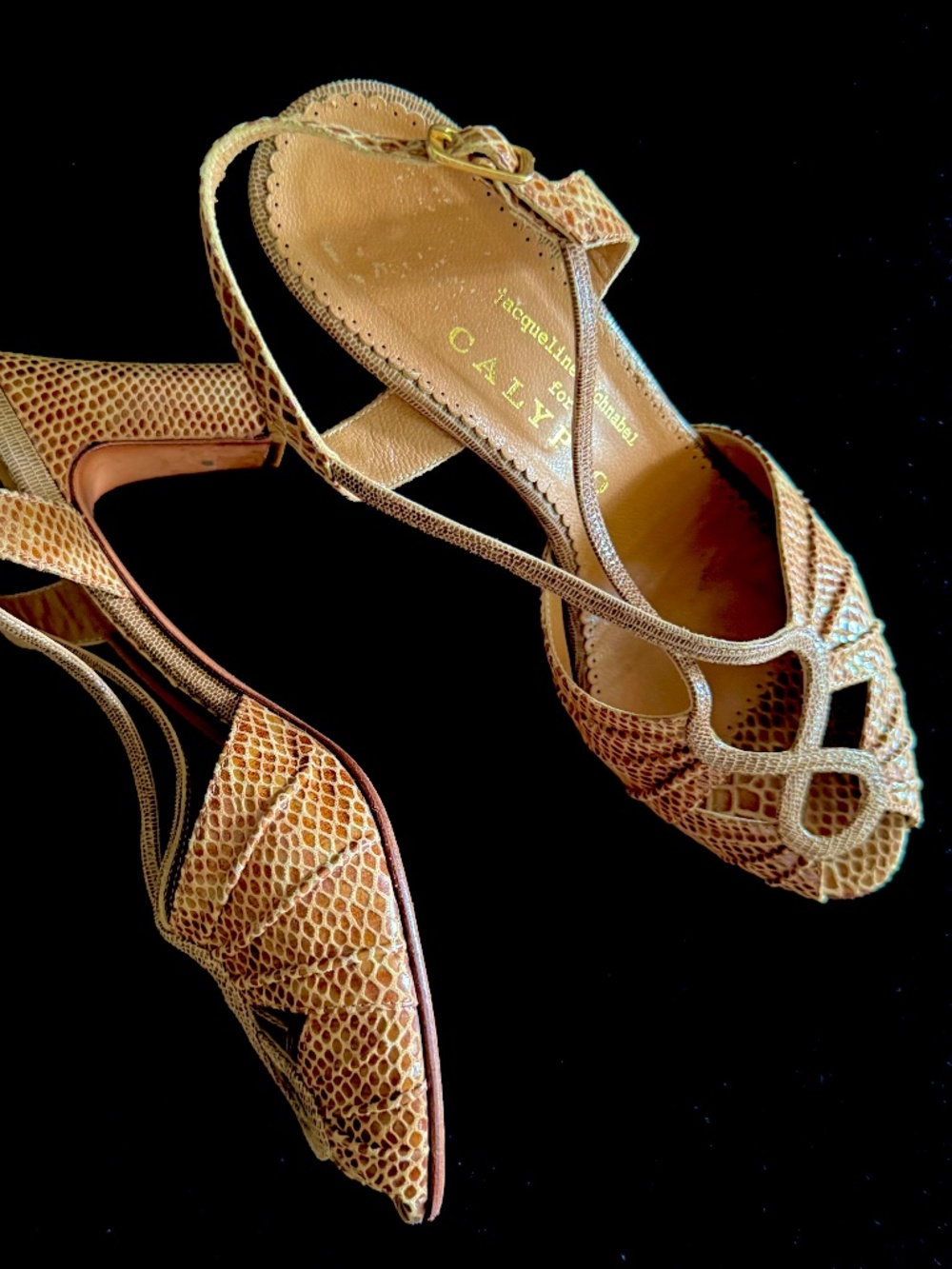 Vintage Women's 7.5 Shoes by Jacqueline Schnabel, Strappy Snake Skin High Heels